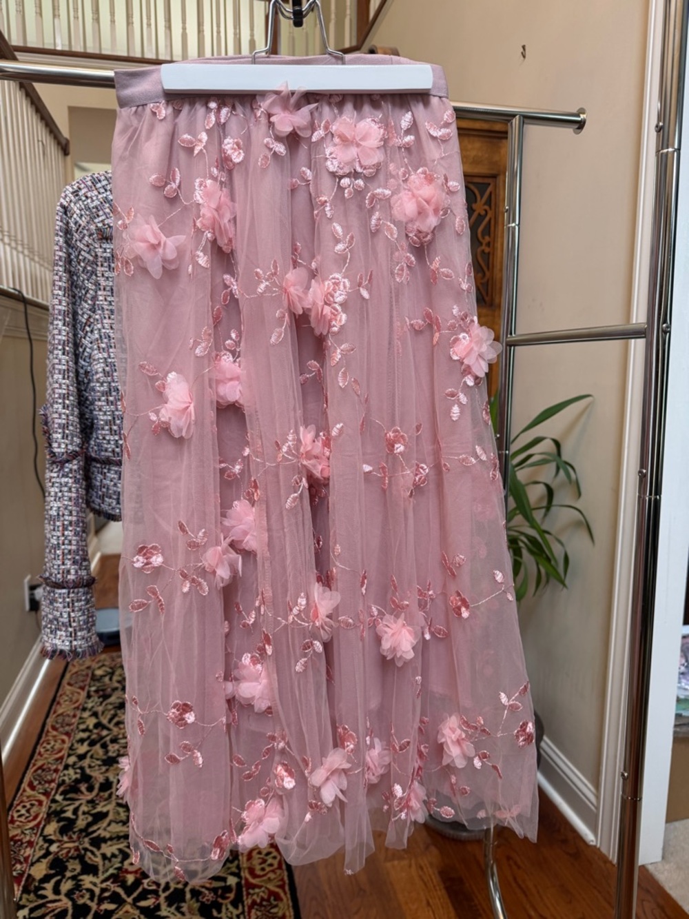 NWOT Chicwish Dusty Pink 3D Floral Embroidered Tulle Midi Skirt